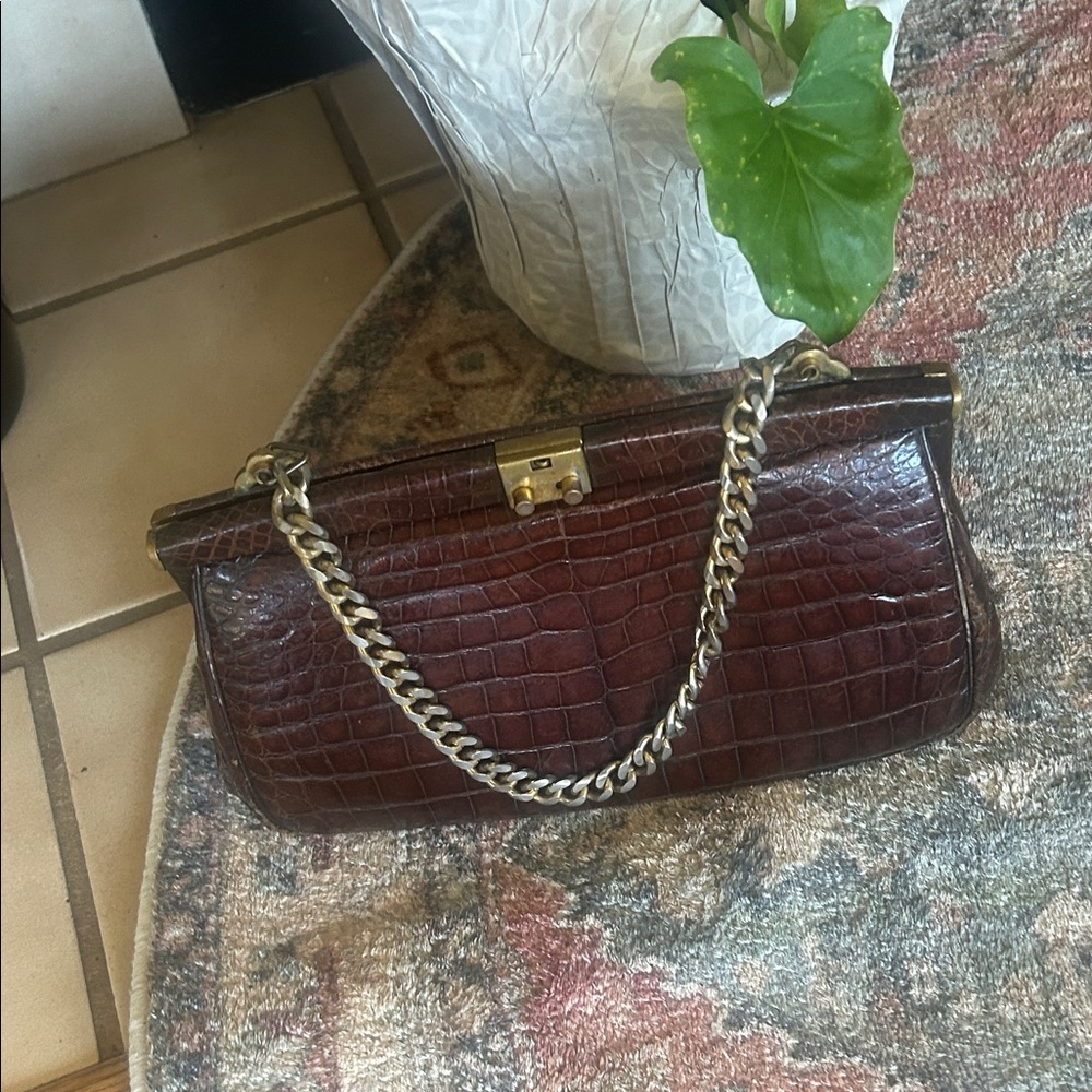 Brown Crocodile-Embossed Chain Bag  1940 to 1960